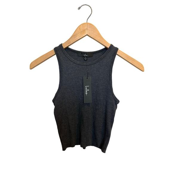 Lulus Women’s Dark Gray Stretch Ribbed Crop Racerback Tank Top Size S NWT - Picture 1 of 6